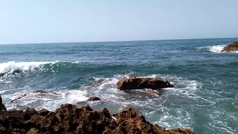 Scenic Ocean Horizon Waves Breaking Over Coastal Rocks Stock Footage 342612633