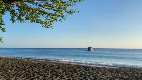 Scenic ocean view with floating hut near tropical beach in Bali Video stock 343511818