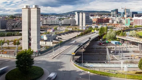 Scenic Oslo Daytime Panorama Featuring Highways and Railway Activity Stock Footage 308194182