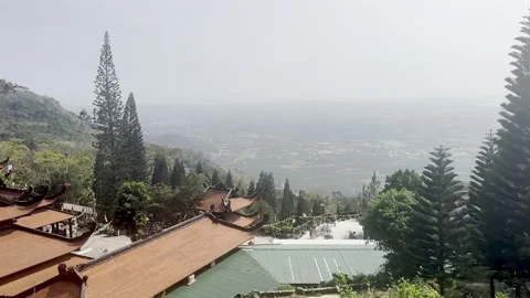 A scenic overview of traditional multi-tiered temple roofs and a towering p.. Stock Footage 339444331