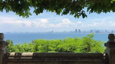 Scenic panoramic view of Da Nang Vietnam from mountain with sea greenery and Stock Footage 320164265