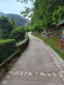 Scenic Paved Path Through Green Hills Stock Photos