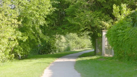 Scenic paved walking path winding through lush green grass and overhanging trees Stock-Footage 335694355