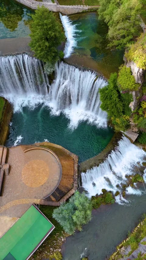 Scenic pliva waterfall aerial view in jajce bosnia Stock Footage 341908785