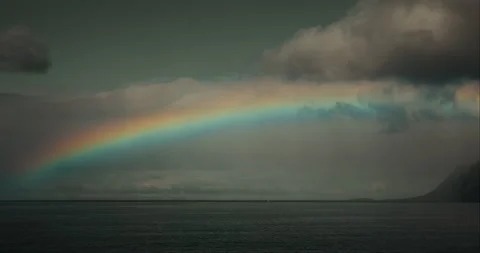 Scenic Rainbow Arching Over Ocean and Dark Clouds in Tenerife Spain Stock Footage 341365873