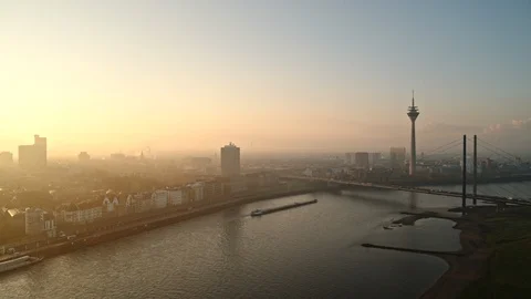 Scenic Rhine Tower and river, Duesseldorf, North Rhine-Westphalia, Germany Stock Footage 129247174
