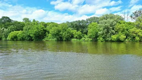 A scenic river flows past a lush green forest Stock Photos
