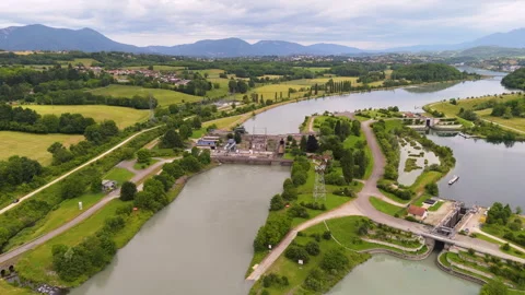 Scenic river infrastructure lock and water reservoir in Auvergne-Rhone-Alpes Video stock 340885185