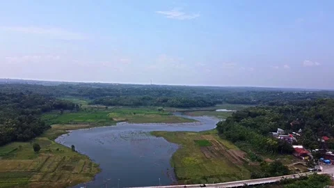 Scenic River Landscape with Bridge Stock Footage 280453491