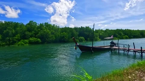 Scenic River View with Blue Sky, Green Trees, and Traditional Boat Stock Footage 311320012