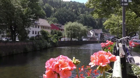 Scenic river view in German mountain village Stock Footage 97899095