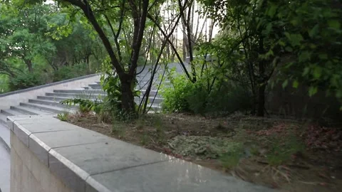 A scenic riverside park path with lush greenery and calm water at sunset. Stock Footage 334903882