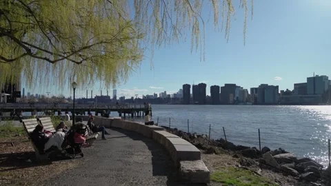 Scenic Riverside View that Features City Skyline and People Relaxing by Water 스톡 동영상 291638344