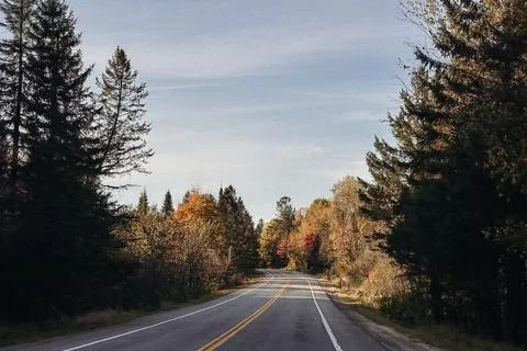 A scenic road through the trees in the fall season in Mont-Tremblant. Stock Photos