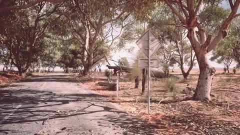 A scenic road with tree-lined sides and a signpost Stock Illustration