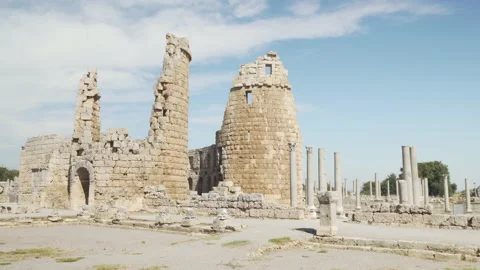 Scenic ruins of Hellenistic city gate in Perge (Perga), Turkey Stock Footage 197290628