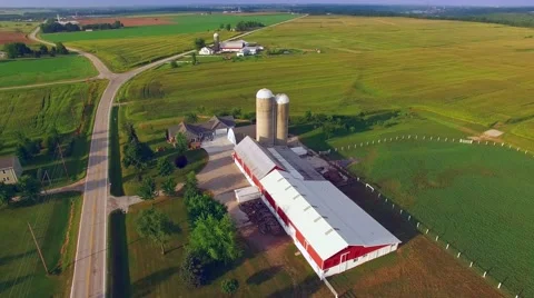 Scenic Rural Midwest Flyover, Landscape With Farms and Silos Stock Footage