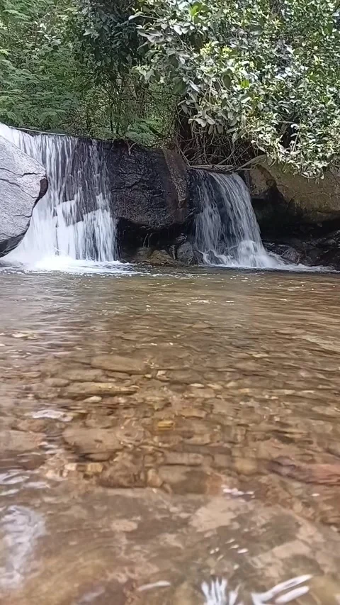 Scenic Small Waterfall Cascading into Clear Jungle Stream with Pebbles Stock Footage 329085964