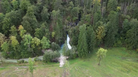 Scenic small waterfall in forest farm river and bike trail in bohinj slovenia Stock Footage 307455889