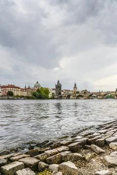Scenic spring view of the Old Town pier architecture and Charles Bridge Stock Photos