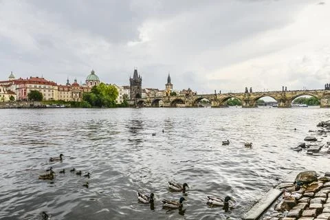 Scenic spring view of the Old Town pier architecture and Charles Bridge Stock Photos