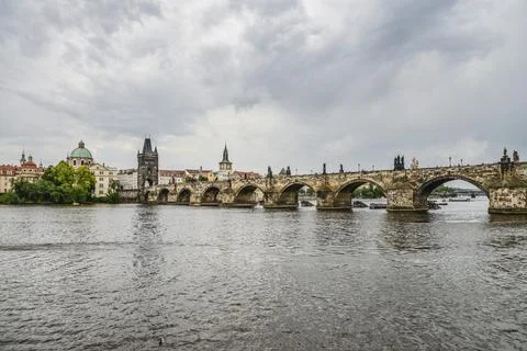 Scenic spring view of the Old Town pier architecture and Charles Bridge Stock Photos