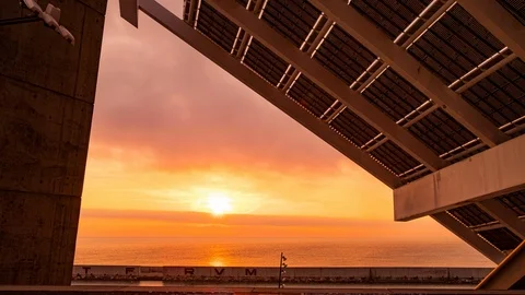 Scenic sunrise view from barcelona landmark parc del forum, a popular modern Stock Footage 125762653