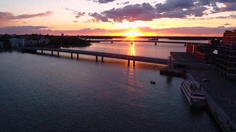 Scenic sunset evening with two bridges and sea view at the Ruoholahti Stock Footage 78137918