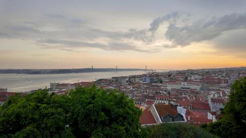 Scenic sunset over Lisbon with the 25 de Abril Bridge Stock-Footage 333602502