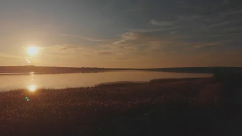Scenic Sunset Over the River in Early Spring - Aerial Footage Panorama Stock Footage