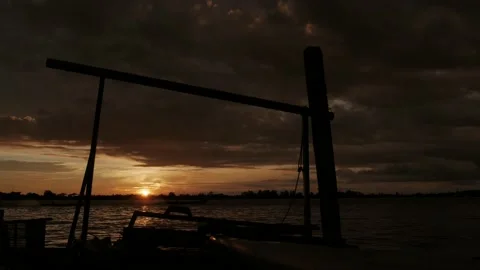 Scenic sunset over the river on water processing station Stock Footage 143563376