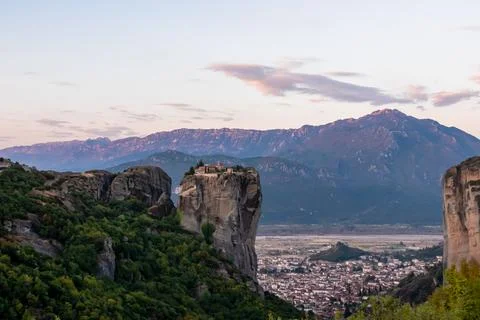 Scenic sunset view of Holy Trinity Monastery (Agia Triada, Ayias Triadhos, .. Stock Photos