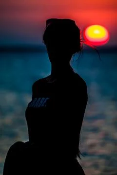 Scenic Sunset View with Silhouette Selective Focus on a Gull with blurry flock Stock Photos