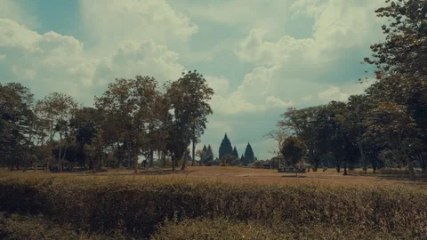 Scenic Temple Complex Grounds with Trees and Cloudy Sky Stock Footage 333326008