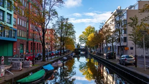 Scenic timelapse featuring autumn at the historic Hague canal Stock Footage 309562075