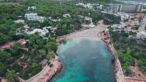 Scenic turquoise Cala Gració and Cala Gracioneta Beach from above, Ibiza, Spain. Stock Footage 203833746