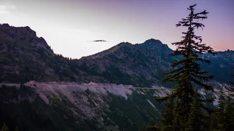 Scenic Twilight View of Naches Peak Loop Trail and Chinook Pass Road in Mount Ra Stock Footage 332141799