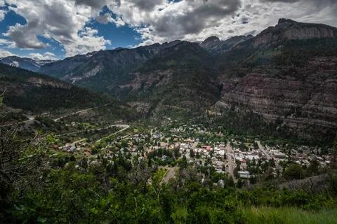 Scenic Valley View with Mountain Cliffs and Green Trees in Ouray, Colorado Stock Photos