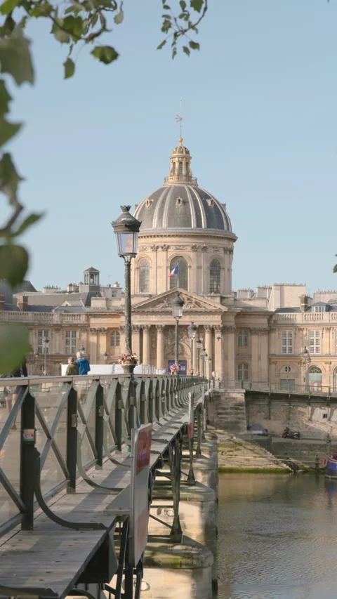 Scenic vertical view looking along the Pont des Arts pedestrian bridge Vídeo Stock 335131324