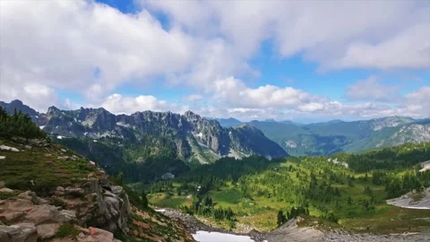 Scenic View of Alpine Meadows and Rugged Peaks along Spray Park Trail, Mount Rai Stock Footage 332083072