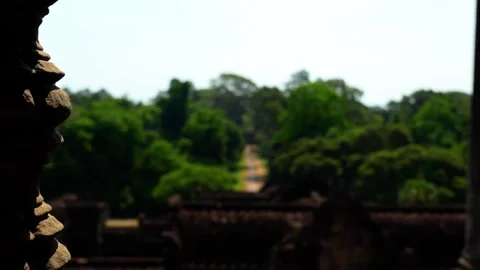 Scenic View from Angkor Wat Temple Over Tropical Forest and Ancient Road Stock Footage 339324243