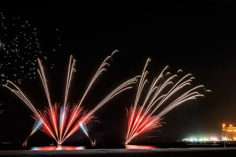 Scenic view of beautiful fireworks exploding in the skies of Doha, Qatar Stock Photos