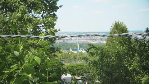 Scenic view on beer jug flag on allotment colony, blurry barbed wire in Stock Footage 281069096