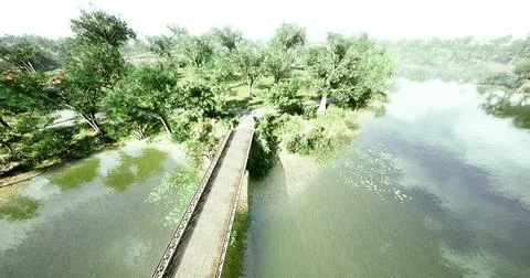Scenic view of a bridge over calm water surrounded by lush greenery Ilustração Stock