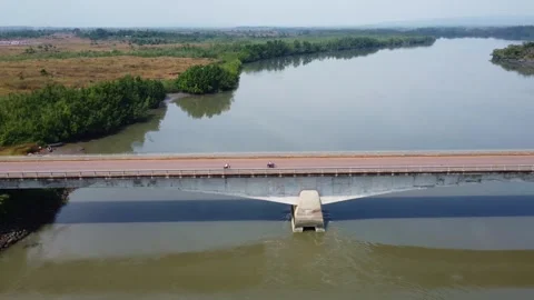 Scenic view of a bridge over a river surrounded by lush greenery and distant Stock Footage 317503053