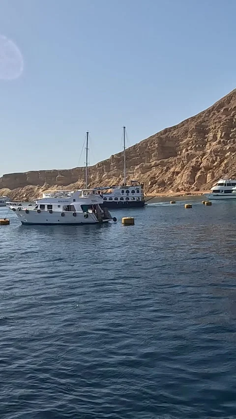 Scenic View of Calm Waters with Elegant Yachts Docked Alongside Expansive Cliffs Stock Footage 331278378