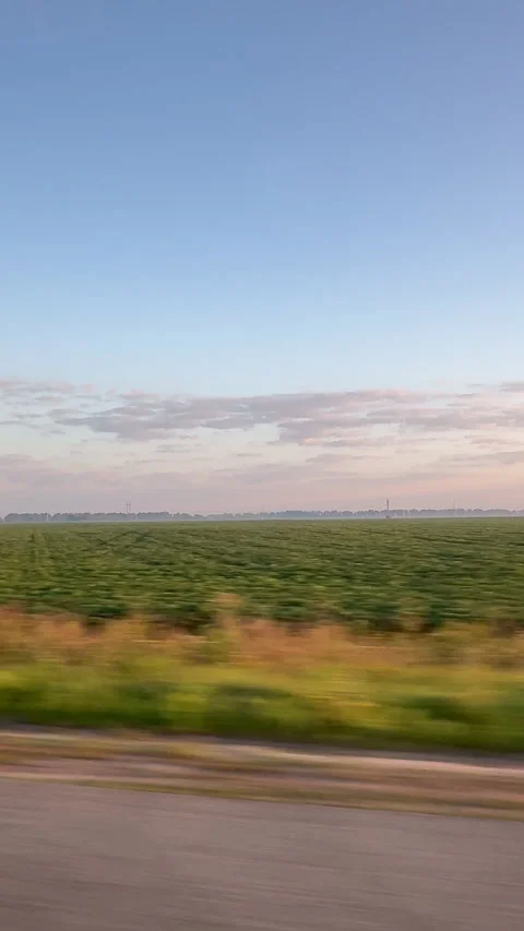 Scenic View From Car Window, Endless Fields Under Soft Sunset Sky Stock Footage 302884483