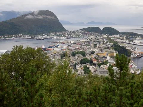 Scenic view of a cityscape featuring an array of buildings in Alesund, Norway, S Fotos de archivo