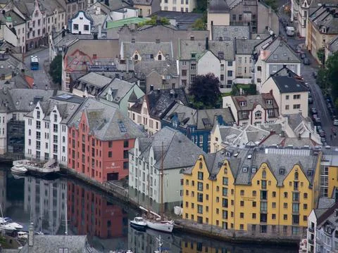 Scenic view of a cityscape featuring an array of buildings in Alesund, Norway, S Fotos de archivo