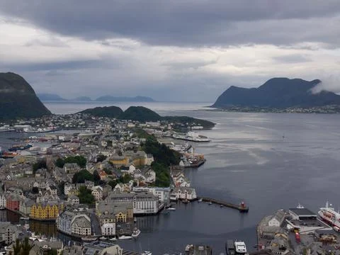 Scenic view of a cityscape featuring an array of buildings in Alesund, Norway, S Fotos de archivo